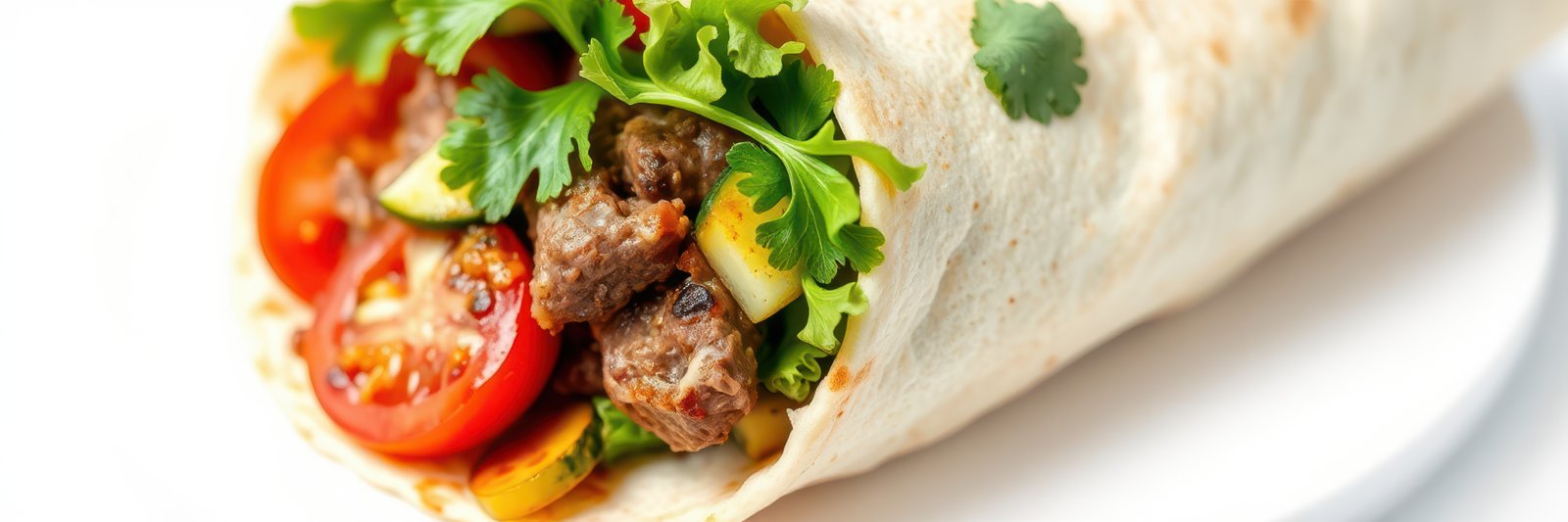 Delicious beef burrito wrapped with fresh vegetables and herbs served on a white plate